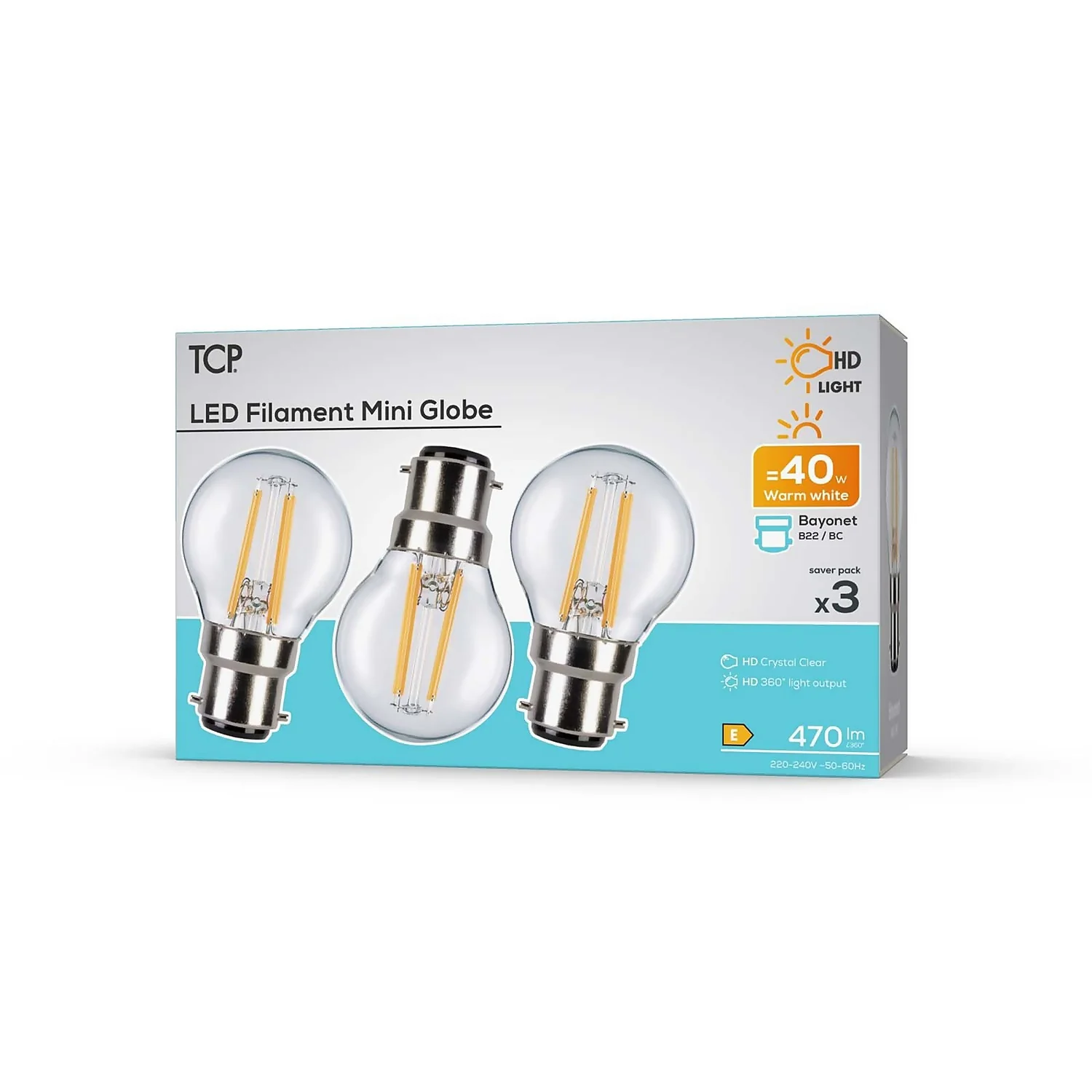 TCP Filament Globe Clear 40W BC Warm Light Bulb - 3 Pack - Image 2