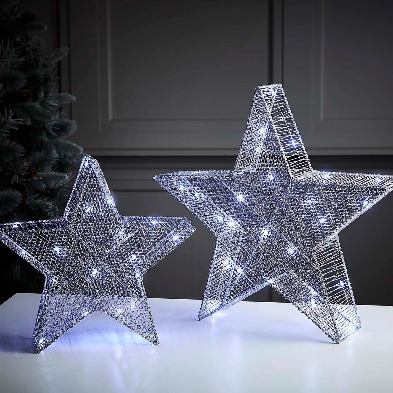 Silver Mesh Star Christmas Lights - Set Of 2