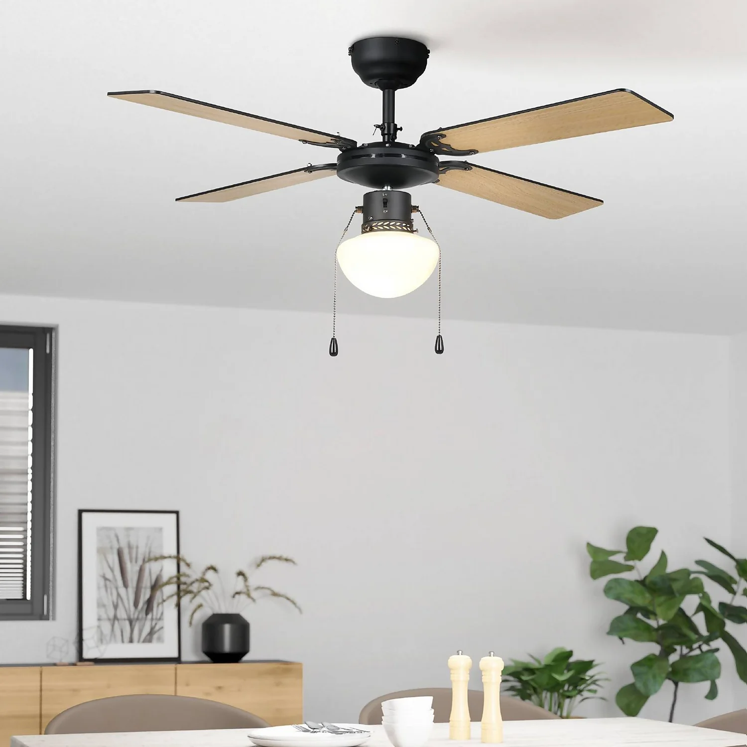 Eglo Fortaleza Ceiling Fan With Light - Matt Black & Wood